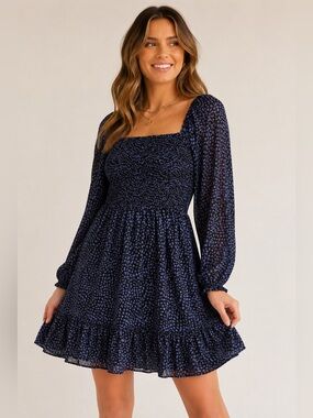 Retrod Smocked Mini Dress Black Blue Abstract Animal Print Long Sleeve Large